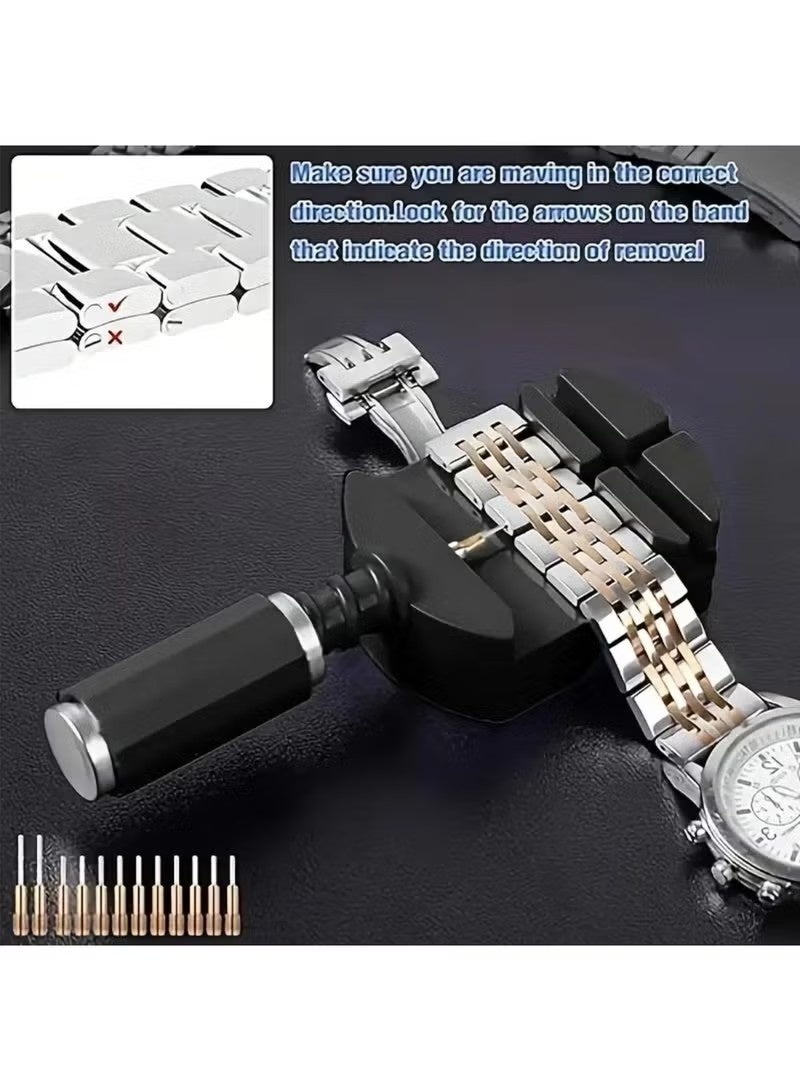 طقم إزالة وصلات سوار الساعة، طقم أدوات ضبط الساعة، أداة تعديل مقاس سوار الساعة، أداة إزالة دبابيس سوار الساعة، طقم إعادة ضبط مقاس الساعة مع أداة إزالة دبابيس الساعة، أداة ثقب دبابيس وصلات الساعة، مطرقة - Image 3